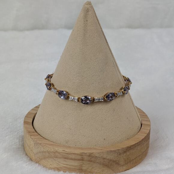 Sterling 925 Gold Vermeil Lab Purple Sapphire & CZ Link Bracelet 7" Oval Cut - Picture 1 of 5